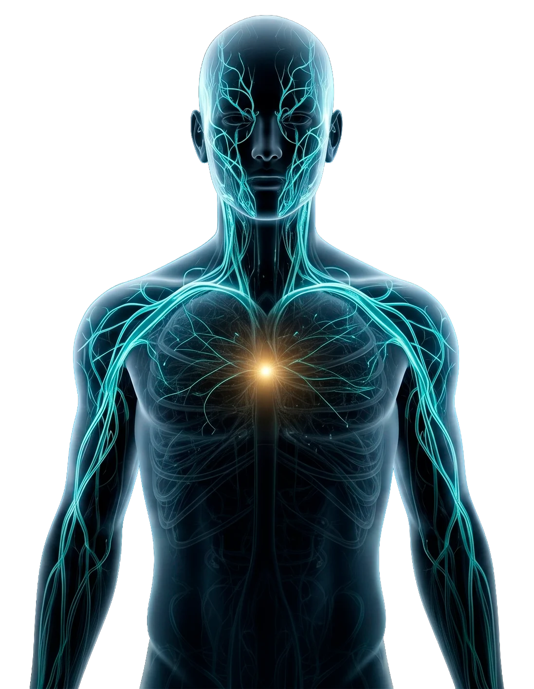 Cain AI — neural silhouette with cyan filaments and a subtle gold core