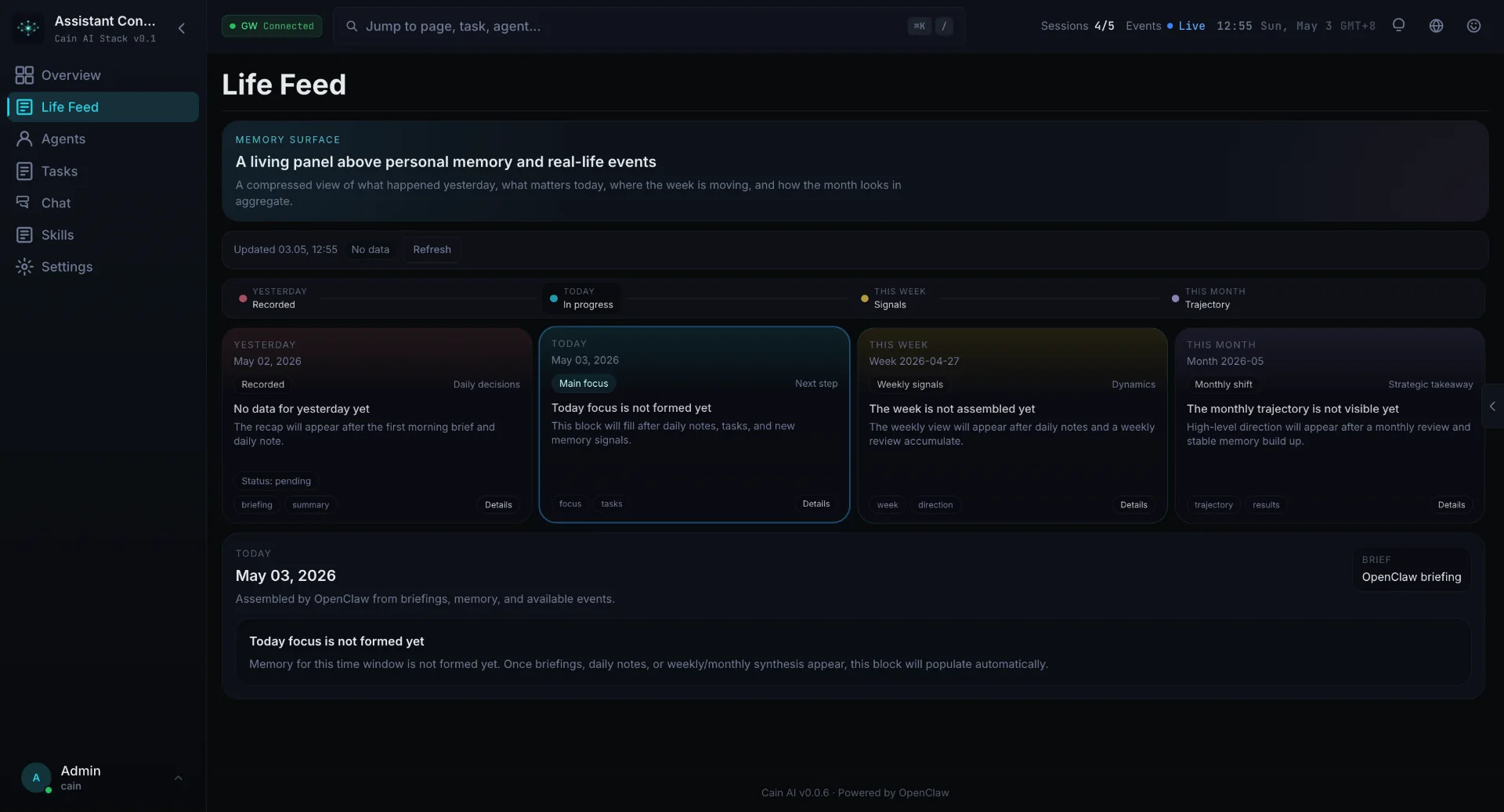 Cain AI dashboard — Life Feed